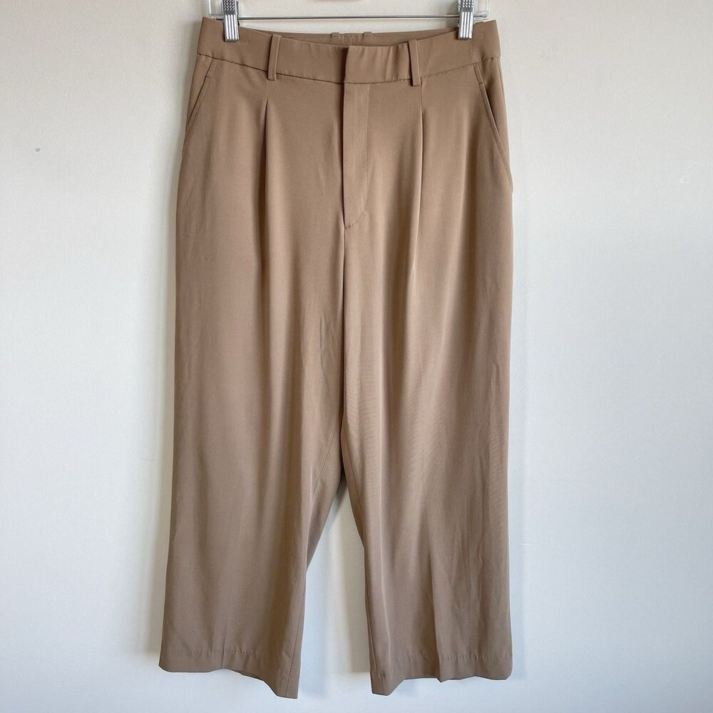 UNIQLO High Rise Pleated Wide Leg Trousers Pants M Camel - Preppy Office Career